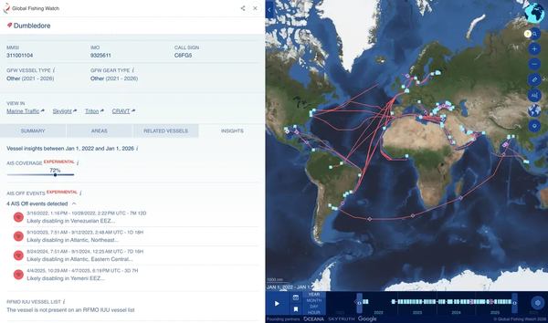 Вимкнення сигналу AIS компанією DUMBLDORE, 4 рази, у 2022&ndash;2025 роках